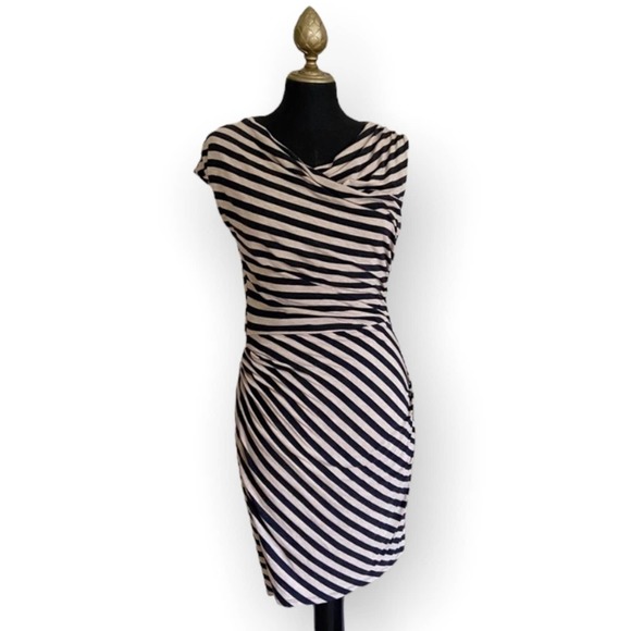 Bordeaux Dresses & Skirts - Bordeaux Striped Dress Short Sleeve Mini Dress Tan Grey Petite Size Small
